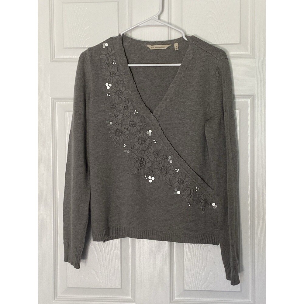 Soft Surroundings Womans Pullover Embellished Sweater V Neck Size XS Gray Wool